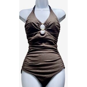 HEIDI KLEIN Women One Piece Halter Ruched Underwire Swimsuit Sz 2 Brown 81-9